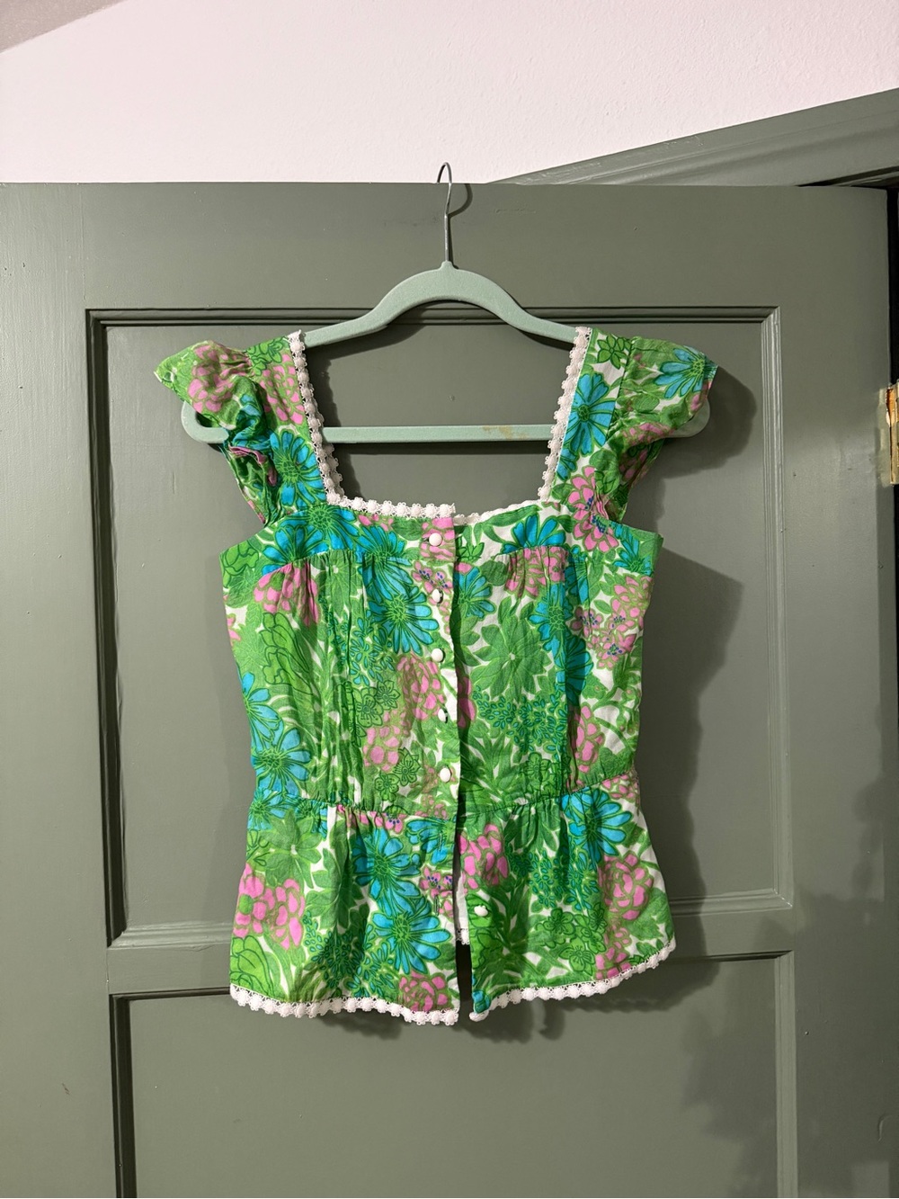 Milly Green Floral Square-Neck Puff Sleeve Top with Pink & Blue Accents